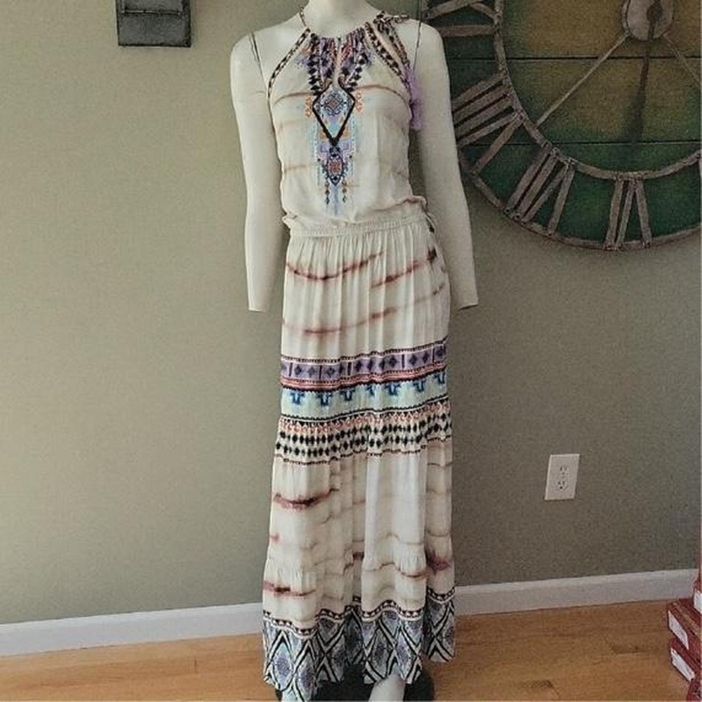 Hale Bob Tie Dye Halter Maxi Dress Geometric Print Tassel Size M